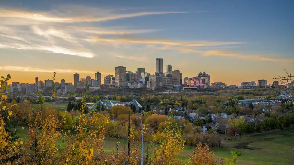Mesmerizing view of a beautiful Edmonton Skyline at colorful sunset, Alberta, Canada